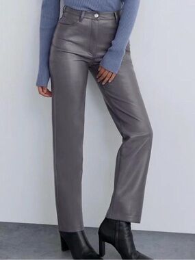 Wilfred Butter Soft Gray Stretch High Rise Faux Leather Straight Leg Pant Sz 10